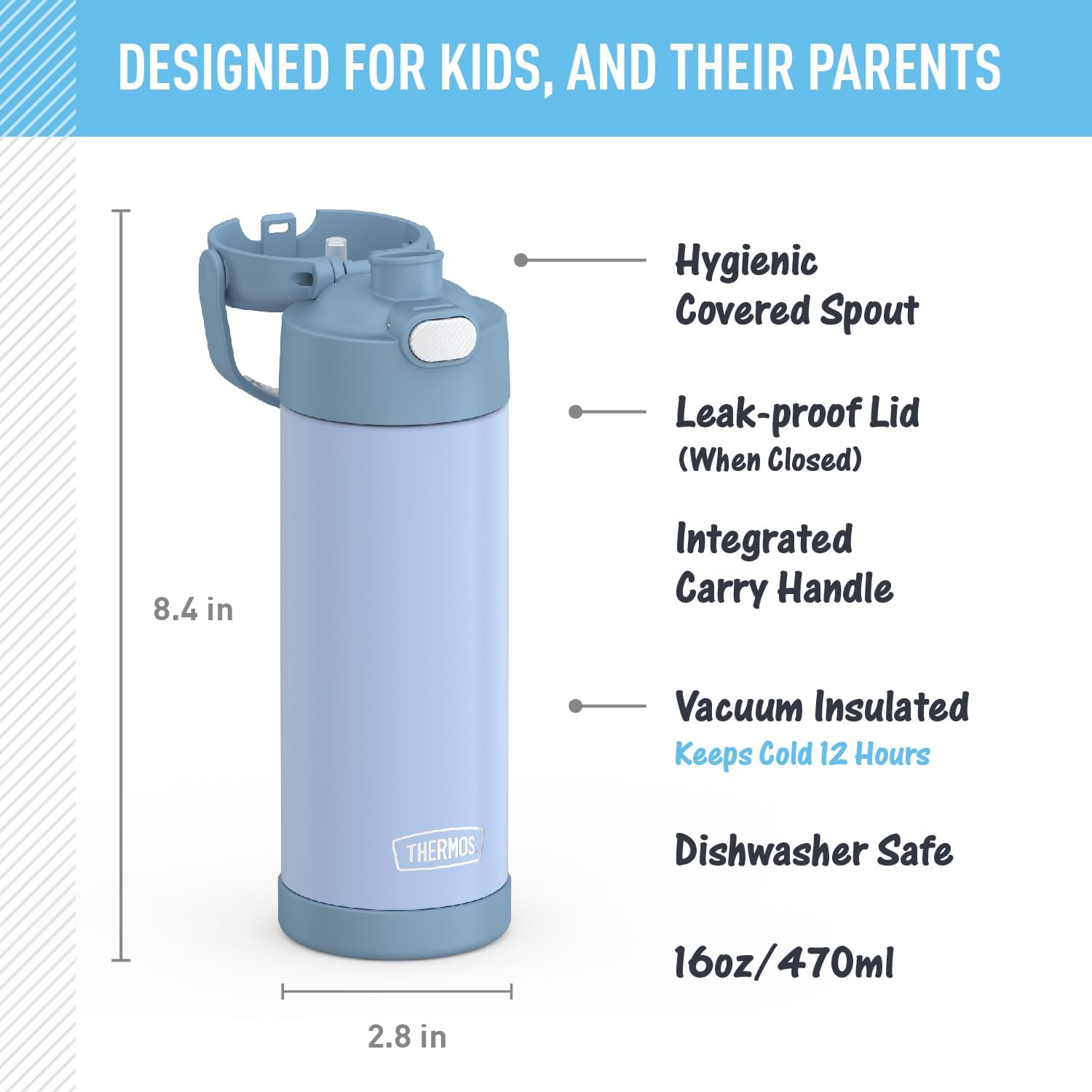 THERMOS FUNTAINER 16 Ounce Stainless Steel Vacuum Insulated Bottle with Wide Spout Lid, Electric Blue