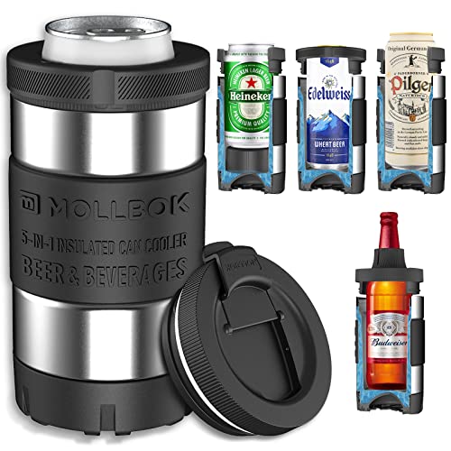 MOLLBOK Multifunctional Can Cooler | 5-in-1 Double Wall Stainless Steel Insulated Can Cooler for 12 oz & 16 oz Standard or Slim Cans & Beer Bottles | Freezable Cold Drink Holder for Hard Seltzer