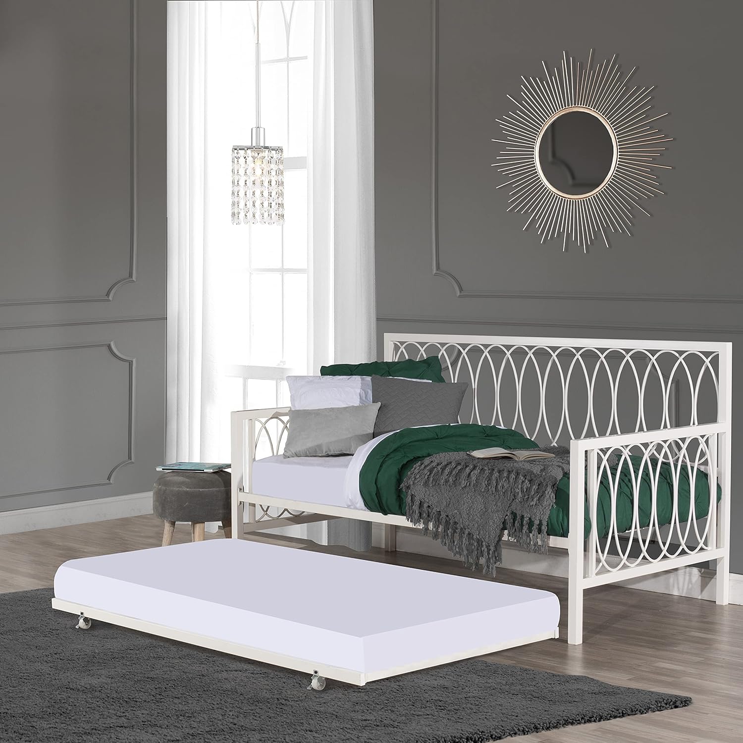 Hillsdale Metal Geometric Interlocking Ring Design Twin Daybed with Trundle, White, 2604-100