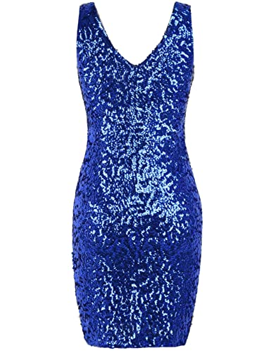 PrettyGuide Women's Sexy Deep V Neck Sequin Glitter Bodycon Stretchy Mini Party Dress
