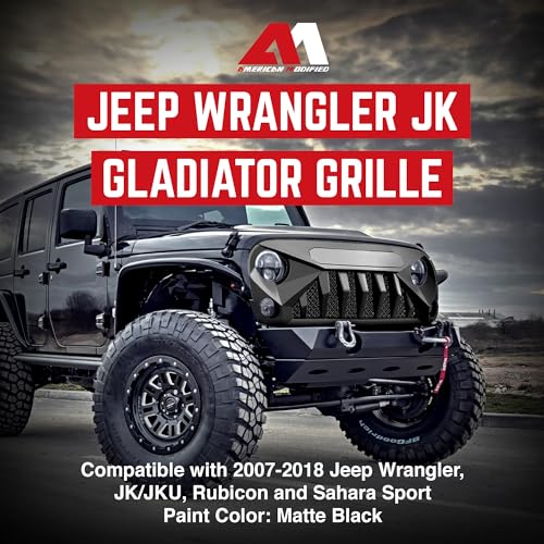 American Modified Gladiator Vader Easy Installation Front Grille Cover Compatible with Jeep Wrangler 2007 to 2018, JK/JKU, Rubicon, and Sahara Sport, Matte Black