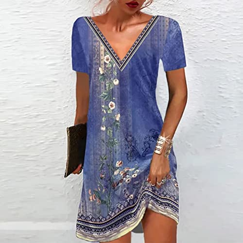 Women's Vintage Printed Boho Dress Round-Neck Short Sleeved Mini Dress Classic Summer Beach Dress Sun Dress