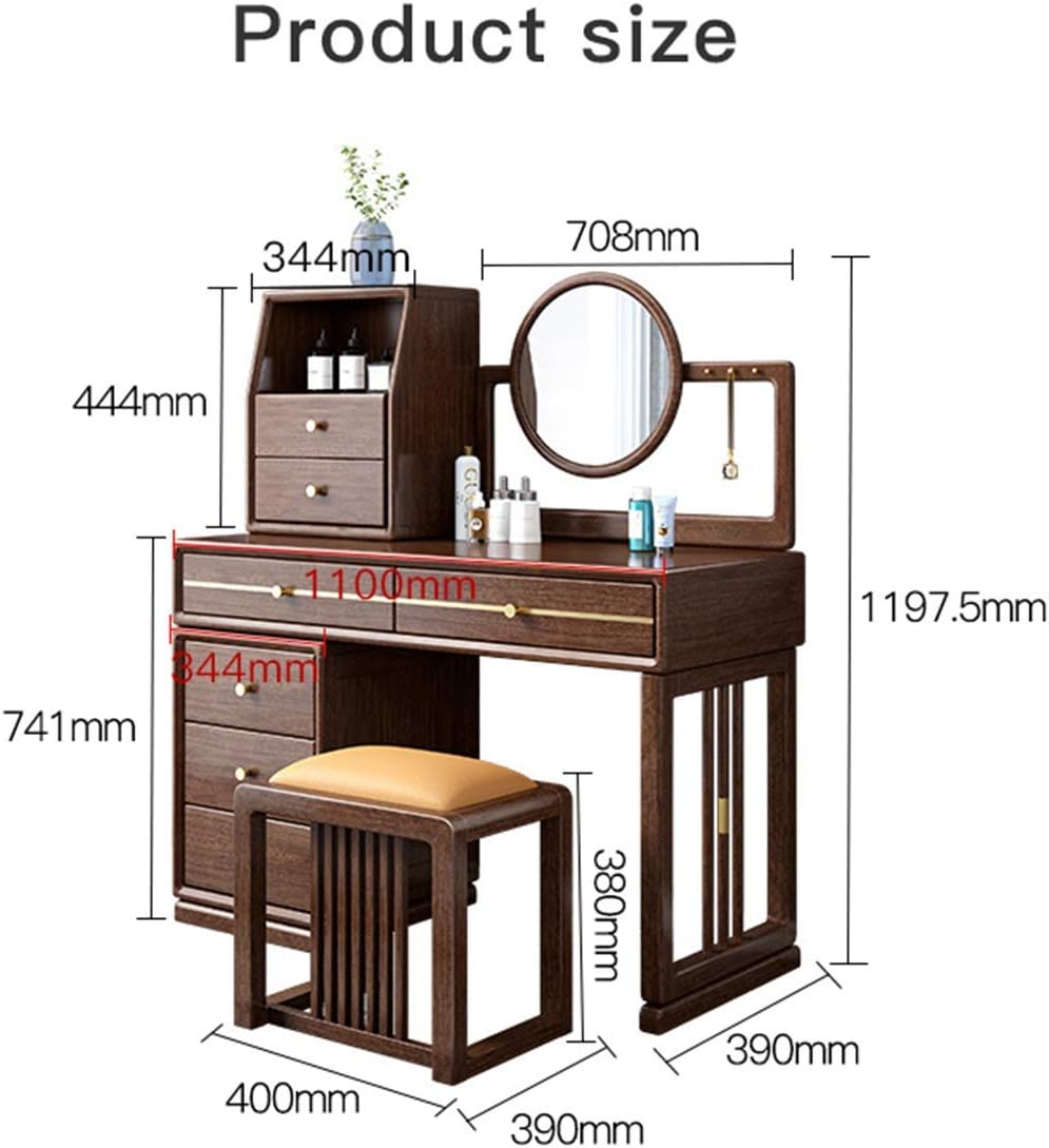 Makeup Vanity Table Set with HD Mirror Solid Wood Dressing Desk Furniture with Large Drawer Storage Cosmetics and Cushioned Stool for Bedroom for Women Girls