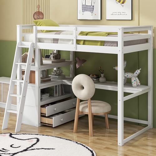 Twin Size Loft Bed with Desk and Storage Drawers,Bookshelf,Wooden LoftBed with Stair and Wardrobe for Kids/Teens/Adult,Gray