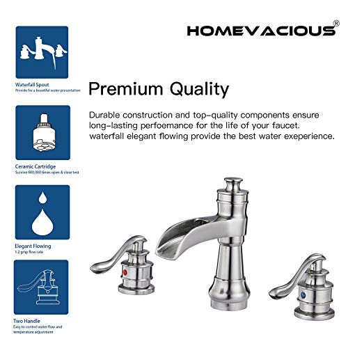 Widespread Bathroom Faucet Brushed Nickel Waterfall 2-Handle with Pop up Drain Stopper Farmhouse Sink Bath Vanity 3 Holes 8-16 Inch Mixer Tap Commercial Supply Line Lead-Free by Homevacious