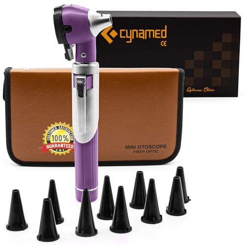 Cynamed Mini Otoscope - Portable Ear Light and Exam Kit for Home and Professional Use - 4X Magnifying Fiber Optic Scope with Spare Tips, Bulb, and Carrying Case (Purple)