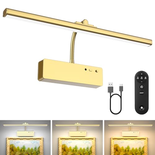 Picture Light with Remote, 15.35inch Wireless Rechargeable Battery Wall Light for Paintings, 3 Colors Paintings Light Dimmable and Timer Metal Art Light for Display, Wall, Artwork, Gallery (Gold)