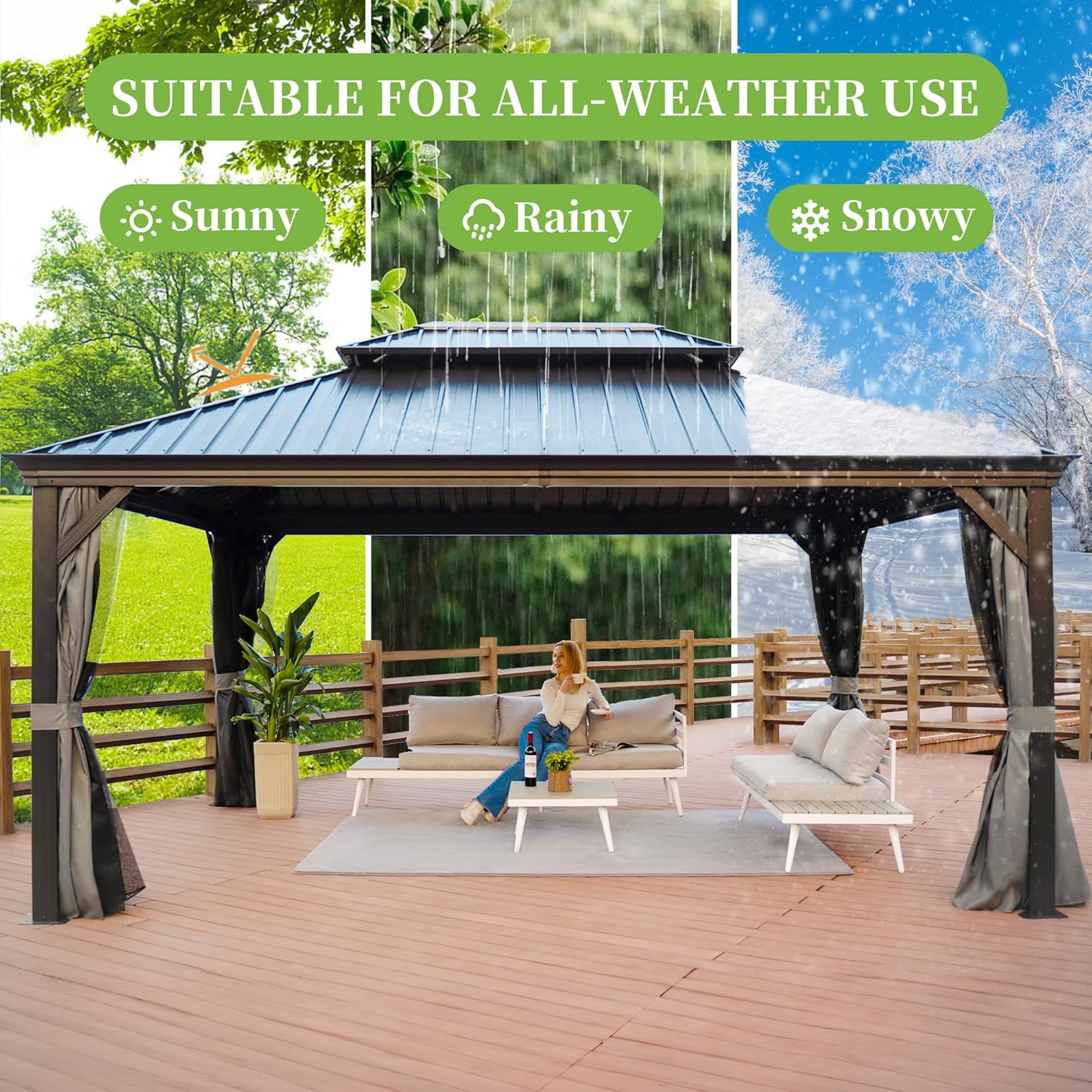 12' x 16' Hardtop Gazebo, Metal Gazebos with Aluminum Frame, Double Galvanized Steel Roof, Permanent Gazebo with Curtains and Netting for Patio Lawn Pool and Garden(Gray)