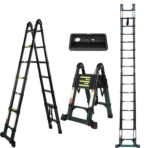 15.5FT Telescoping Extension Ladder, Extension Ladder with Triangular stabilizer, Foldable Aluminum Retractable Collapsible Ladders for Household and RV Outdoor Work 330 lbs Load