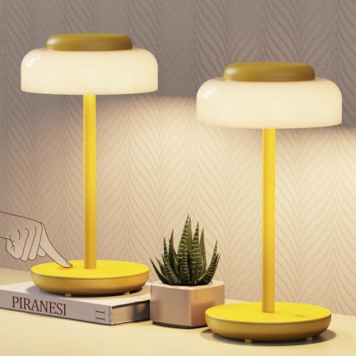 QiMH Battery Operated LED Table Lamp, 2 Pack 5000mAh Cordless Desk Lamp with 3 Level Brightness Touch Control, Mini Rechargeable Night Light for Living Room, Bedroom, Outdoor bar (Gold)