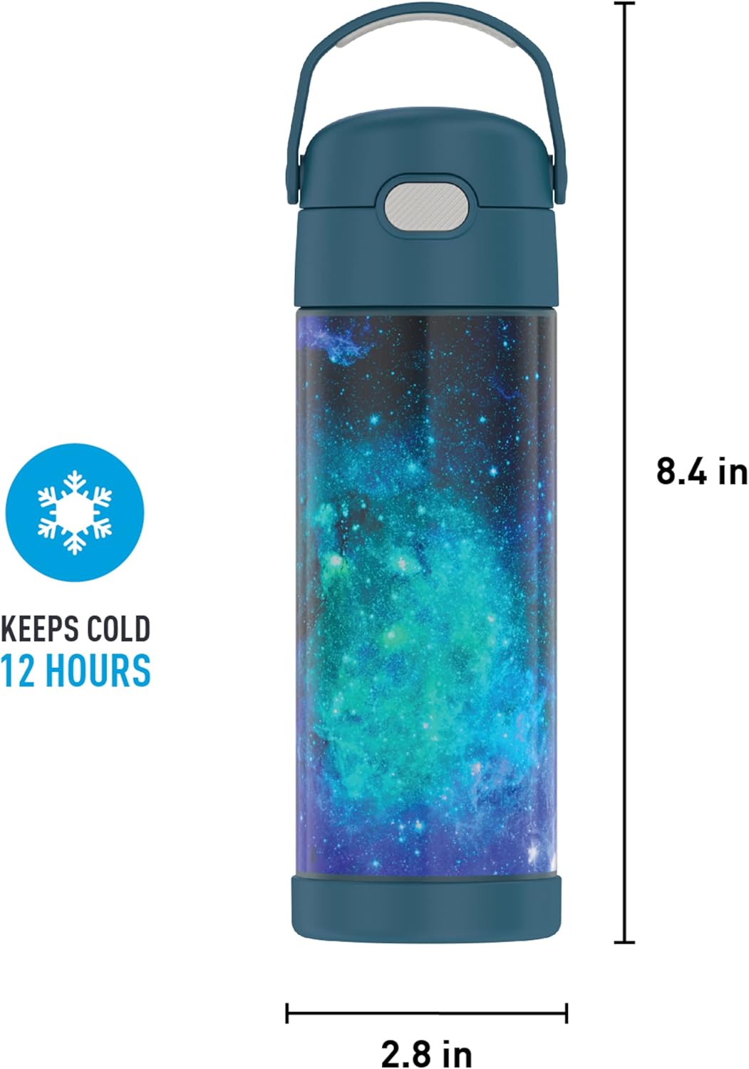 THERMOS FUNTAINER 16 Ounce Stainless Steel Vacuum Insulated Bottle with Wide Spout Lid, Galaxy Teal