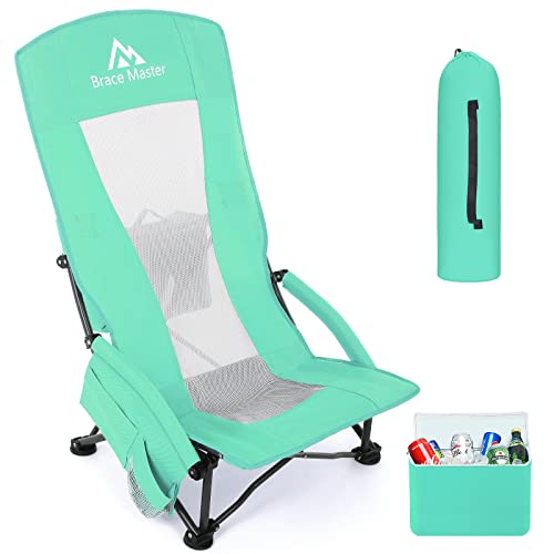 Brace Master Beach Chair with Umbrella, Camping Chair, High Back Sand Chairs, Foldable Mesh Back Design with Cup Holder & Cooler & Phone Bag for Camping, Beach, Picnic（Green 2 Packs）