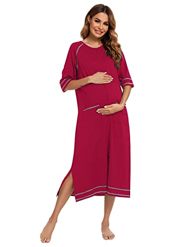 Veseacky Women Robe Zipper Front House Coat 3/4 Sleeve Nightgown Full Length Ladies Lounge Dress with Pockets S-XXL