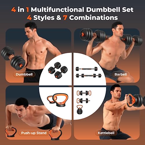 FEIERDUN Adjustable Dumbbells, 20/30/40/50/60/70/90lbs Free Weight Set with Connector, 4 in1 Dumbbells Set Used as Barbell, Kettlebells, Push up Stand, Fitness Exercises for Home Gym Suitable Men/Women