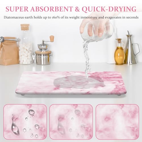 Stone Dish Drying Mat for Kitchen Counter, Eco-Friendly Ultra Absorbent Heat Resistant Diatomaceous Earth Sink Tray Mat for Dish Bottles Cups & Pet Bowl (White Marble)