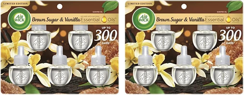 Air Wick Plug in Scented Oil Refill, 5 ct, Brown Sugar and Vanilla, Air Freshener, Essential Oils, Fall Scent, Fall decor (Pack of 2)