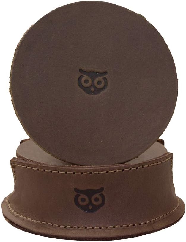 Hide & Drink, Durable Thick Leather Owl Coasters (6-Pack) Wood Furniture, Coffee & Kitchen Table, Stain Protection, Home & Office Essentials Handmade :: Bourbon Brown