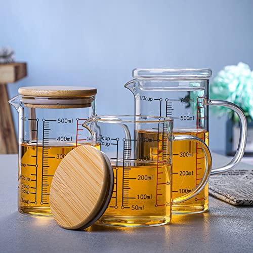 Glass Measuring Cup with Lid, Glass Beaker with Handle and Lid, Measuring Pitcher Beaker Measured Mug Measure Liquid Milk Glass Cup Espresso Glass Cup Clear Scale Marking Cup for Hot/Cold Fluid