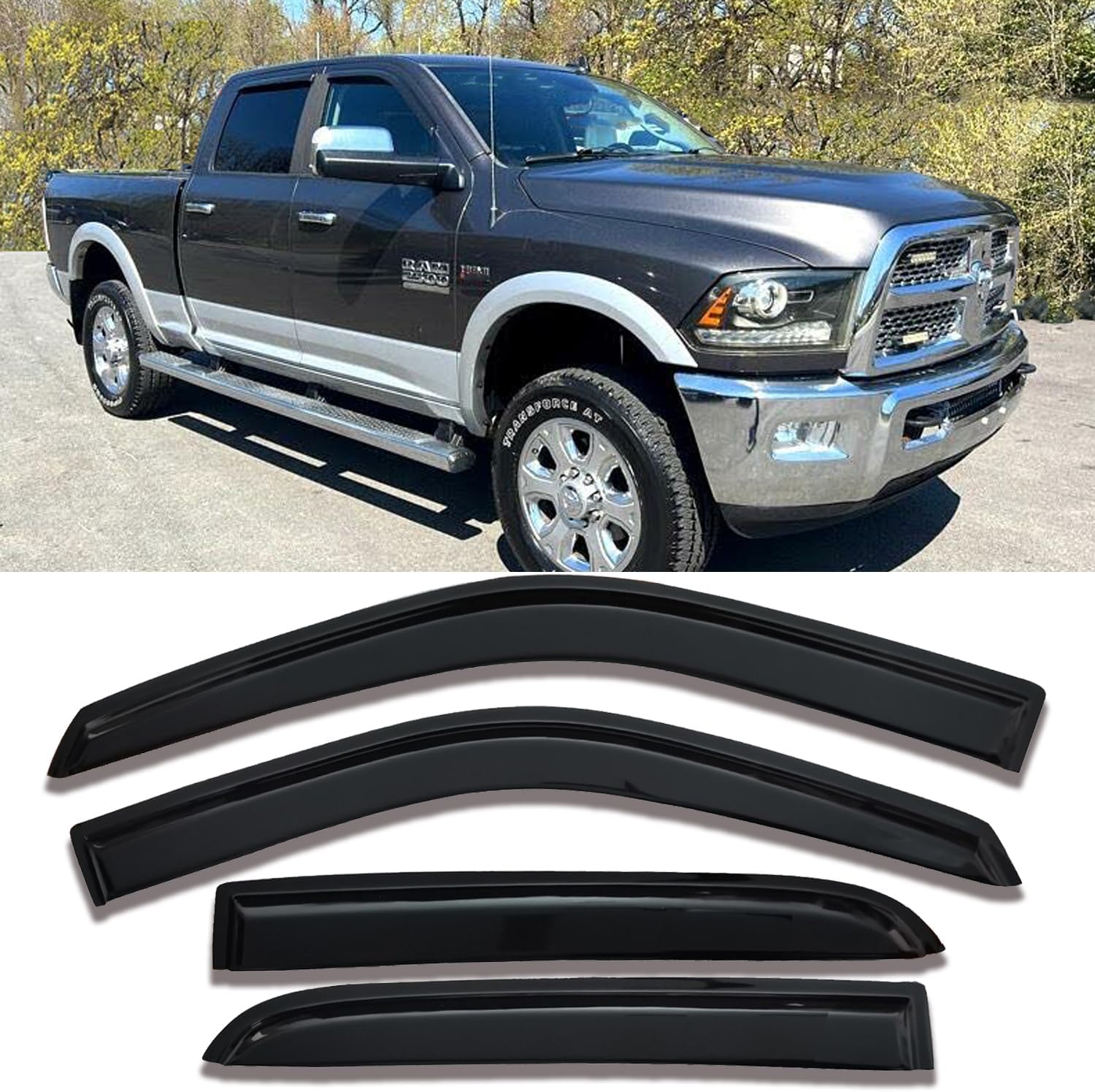 Tape On Side Window Rain Guards Window Visors Vent Deflectors Compatible with Dodge Ram 1500 Crew Cab 09-18, 2010-24 Ram 2500/3500 Crew Cab, 2019-23 Ram 1500 Classic Crew Cab Smoke, 4PCS 94109