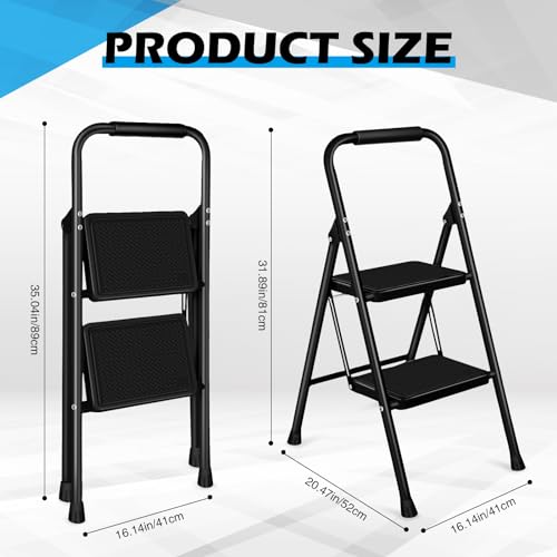 Folding Step Stool Ladder with Wide Anti Slip Pedal Portable Steel Step Stool Lightweight Collapsible Ladder with Rubber Handgrip for Adult Household Kitchen Office (White,3 Step Ladder)