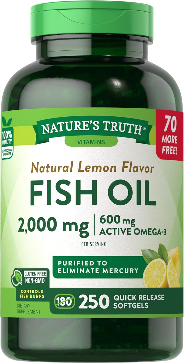 Nature's Truth Burpless Fish Oil Pills 2000 mg | 600 mg Omega 3 | 250 Softgels | Natural Lemon Flavor | Non-GMO, Gluten Free Supplement