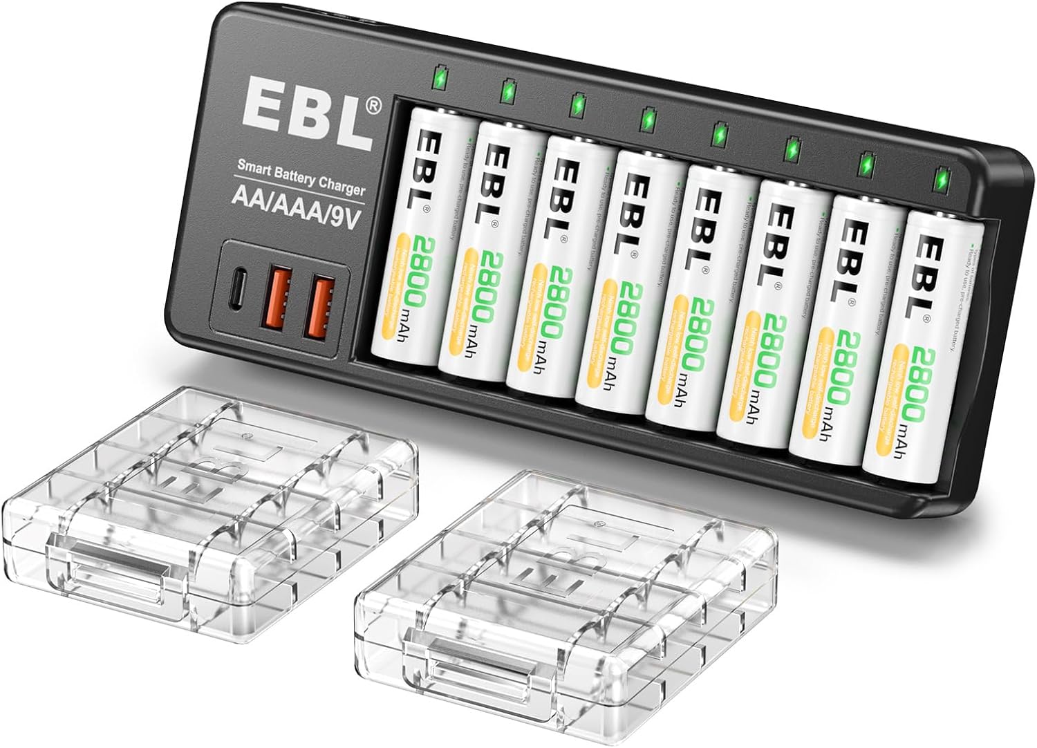 EBL Rechargeable AA Batteries with Charger, 2800mAh Double A Rechargeable Batteries 8 Pack with AA AAA 9V Individual Battery Charger Built-in 2 USB-A & 1 USB-C Charging Ports