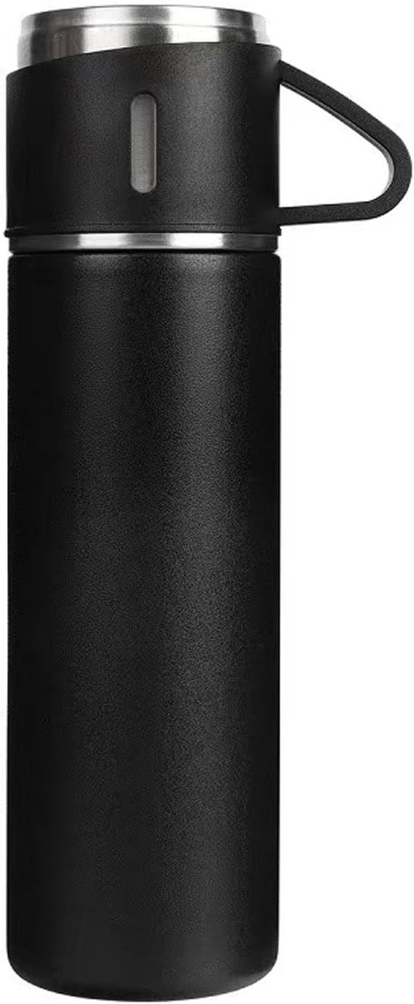 Insulated Water Bottle with Cup Travel Coffee Mug with Handle Stainless Steel Tumblers Thermos for Hot and Cold Drinks Water Flask 17 oz/500ml Black