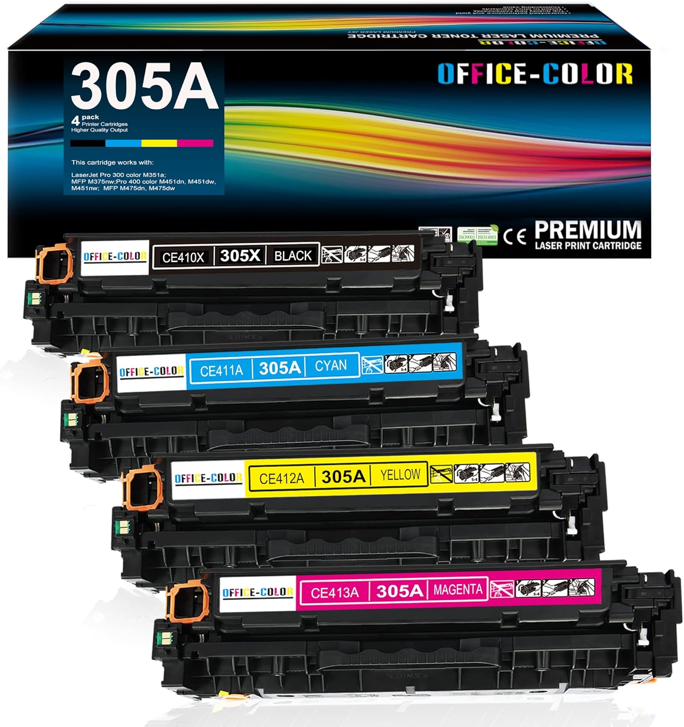 305A Black,Cyan,Magenta,Yellow Toner Cartridges 4 Pack for HP Laserjet Pro 400 Color M451dn M451nw M451dw MFP M475dw M475dn Pro 300 M375nw toner