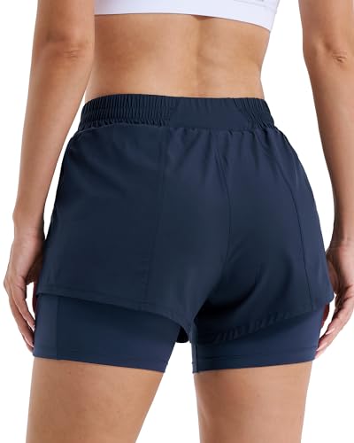 Stelle Women's 2 in 1 Running Shorts Athletic Workout Gym Shorts High Waisted Shorts with Liner Zipper Pockets