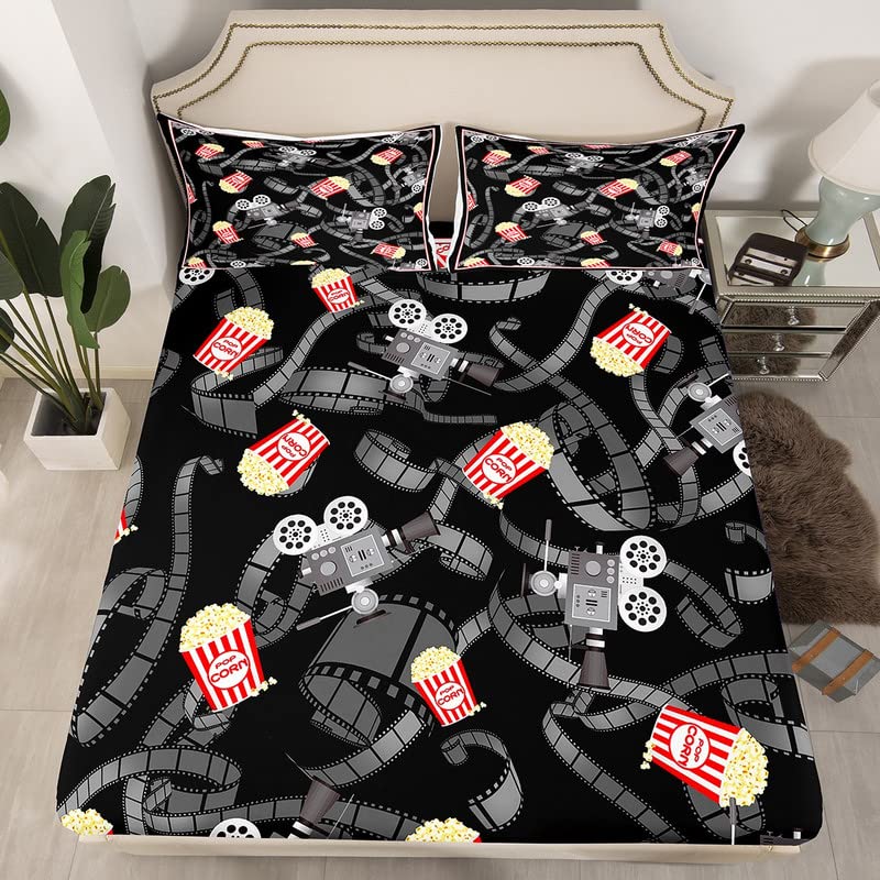Movie Theater Theme Sheet Set Home Cinema Poster Bed Sheets Set for Kids Teens Popcorn Red Vintage Sheets with Deep Pocket Fitted Sheet Old Fashion Sheet Set Bedroom Decor 4Pcs King