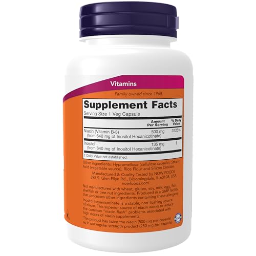 NOW Supplements, Niacin (Vitamin B-3) 500 mg, Flush-Free, Double Strength, Nutritional Health, 180 Veg Capsules