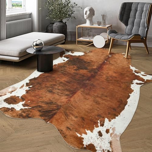 DweIke Premium Faux Cow Hide Rug Cowhide area rug, 6.2 x 5.2ft Animal Print Fur Rug Suitable for Bedroom Living Room, Western decor Carpets for Dining Room Office, Animal Skin Area Rug, White-Brown