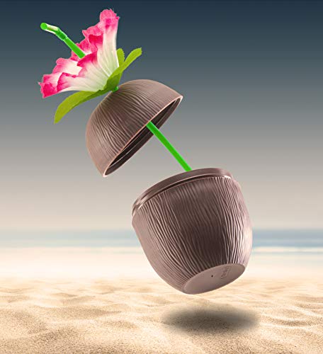 PREXTEX Coconut Cups with Flower Straws & Twist Close Lids (12 Pack, 16oz) for Luau Party Decorations, Pool Parties, Tropical Tiki Parties, Summer, Hawaiian Themed Party Decorations
