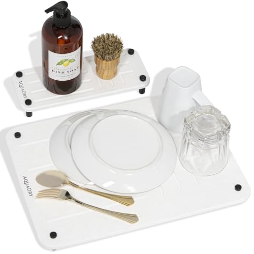 Stone Dish Drying Mat – Ultra-Absorbent, Non-Slip - Soap/Sponge Caddy Included - Quick-Dry & Heat-Resistant Kitchen Drying Mat – Ideal for Dishes & Glassware - Dish Drying Stone for Kitchen Counter