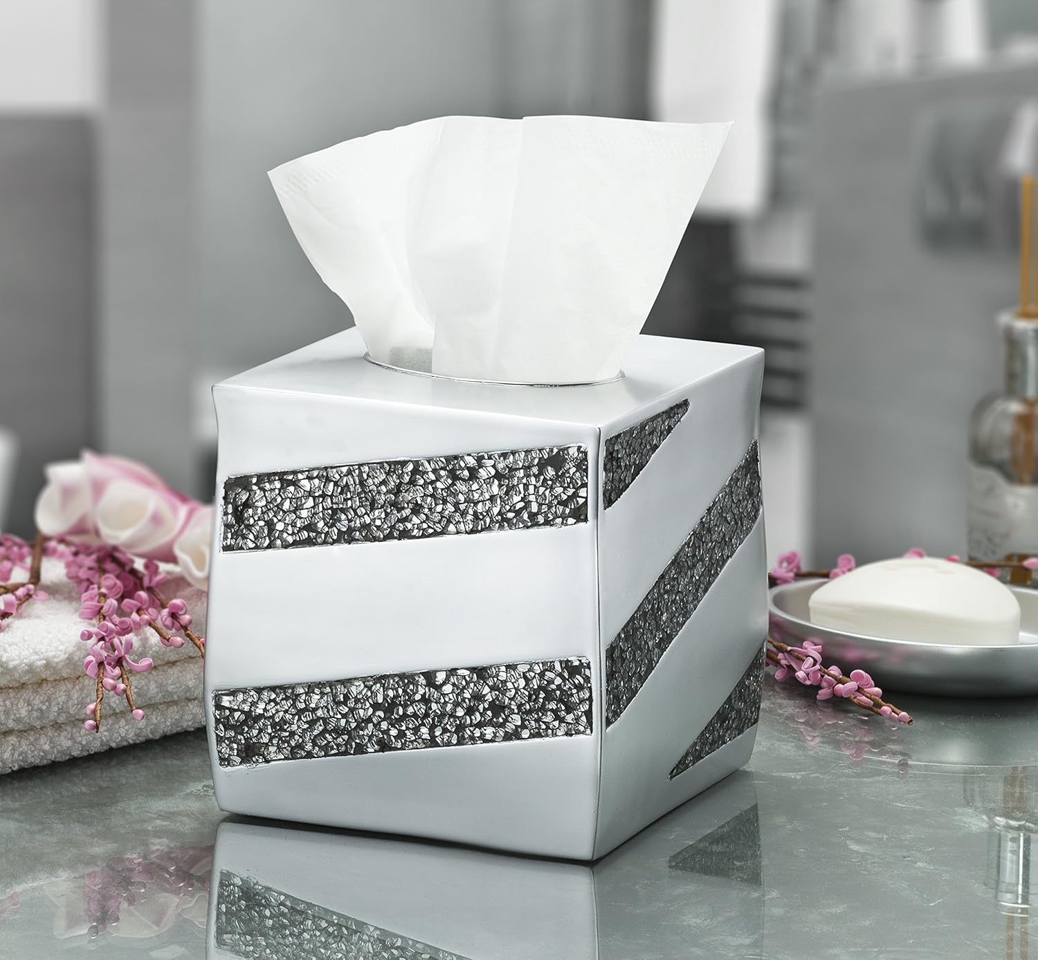 Creative Scents Tissue Box Cover Square - Decorative Tissue Box Holder for Bathroom with Durable Bottom Slider, Beautiful Silver Mosaic Tissues Cube Box Cover