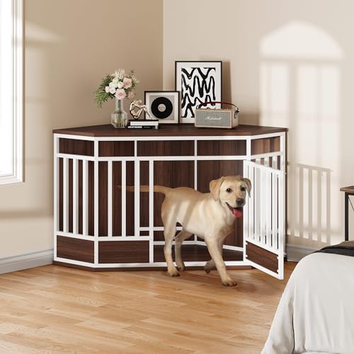 DWVO Corner Dog Crate Furniture, 52 Inch Heavy Duty Dog Kennel Indoor Furniture End Table Dog Crate for Large Dogs, Modern Decorative Dog Crate Wooden Dog Crate Furniture for Large Dogs, Rustic Brown