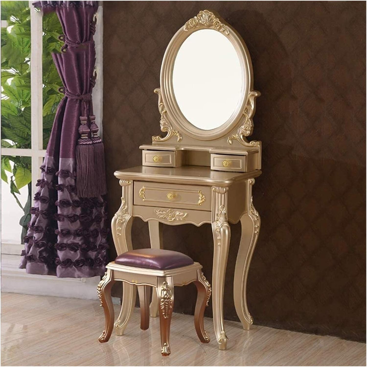 Luxury Dressing Vanity Table w/Stool for Bedroom, European Modern Light Luxury Dressing Table Bedroom Champagne Gold Mini Solid Wood Dressing Table