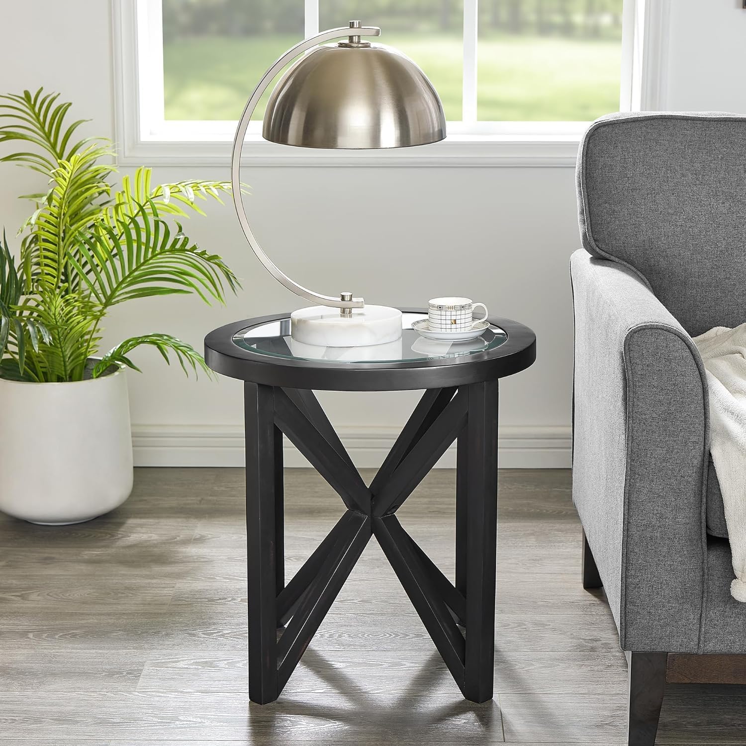 Modern Simple Glass Coffee Table, Tempered Glass Coffee Table Solid Wood Base Round Transparent Glass top Modern Living Room Terrace Study Coffee Table