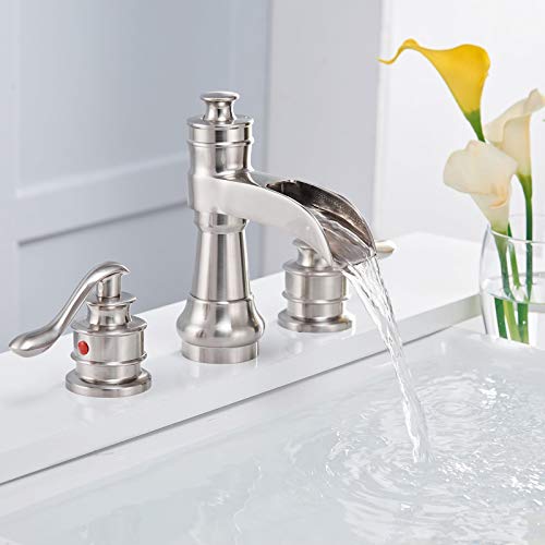 Widespread Bathroom Faucet Brushed Nickel Waterfall 2-Handle with Pop up Drain Stopper Farmhouse Sink Bath Vanity 3 Holes 8-16 Inch Mixer Tap Commercial Supply Line Lead-Free by Homevacious