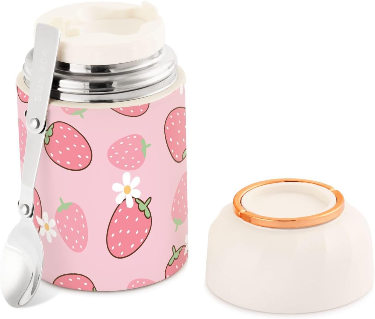 Thermos For Hot Food Stainless Steel Vacuum Insulated Food Jar with Folding Spoon & Cup, Lunch Container for Kids - 17 Oz, Strawberry Pink