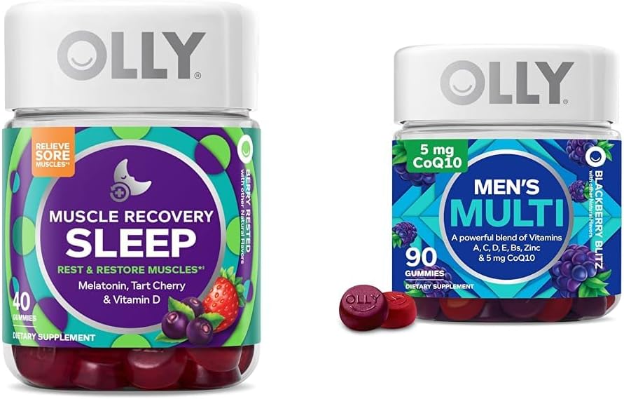 OLLY Muscle Recovery Sleep Gummies, Sleep and Sore Muscle Support, 3mg Melatonin, Tart Cherry & Men's Multivitamin Gummy, Overall Health and Immune Support, Vitamins A, C, D, E, B, Lycopene