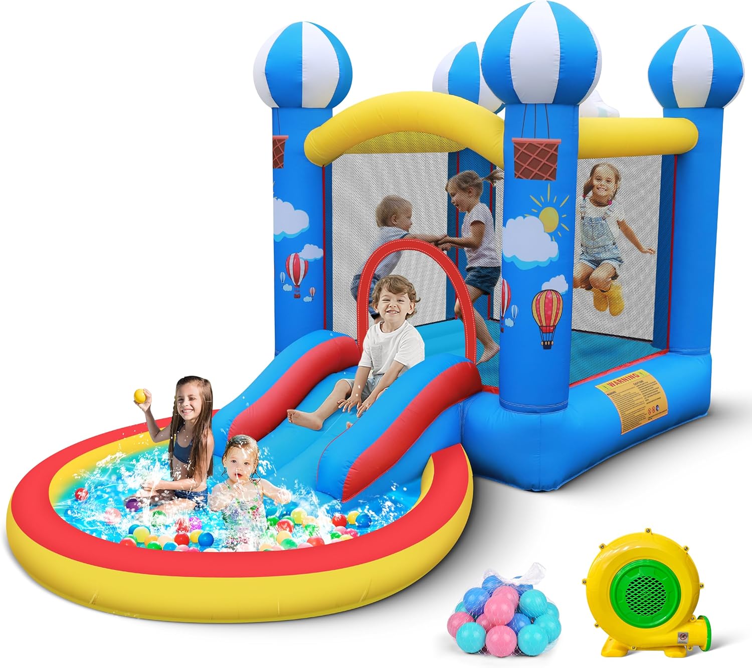 Inflatable Bounce House: 4 in 1 Bouncy Castle with Ball Pit & Slide for Kids Age 3-8 with 370 Watt Blower and Storage Bag for Indoor Outdoor Play Oxford Cloth