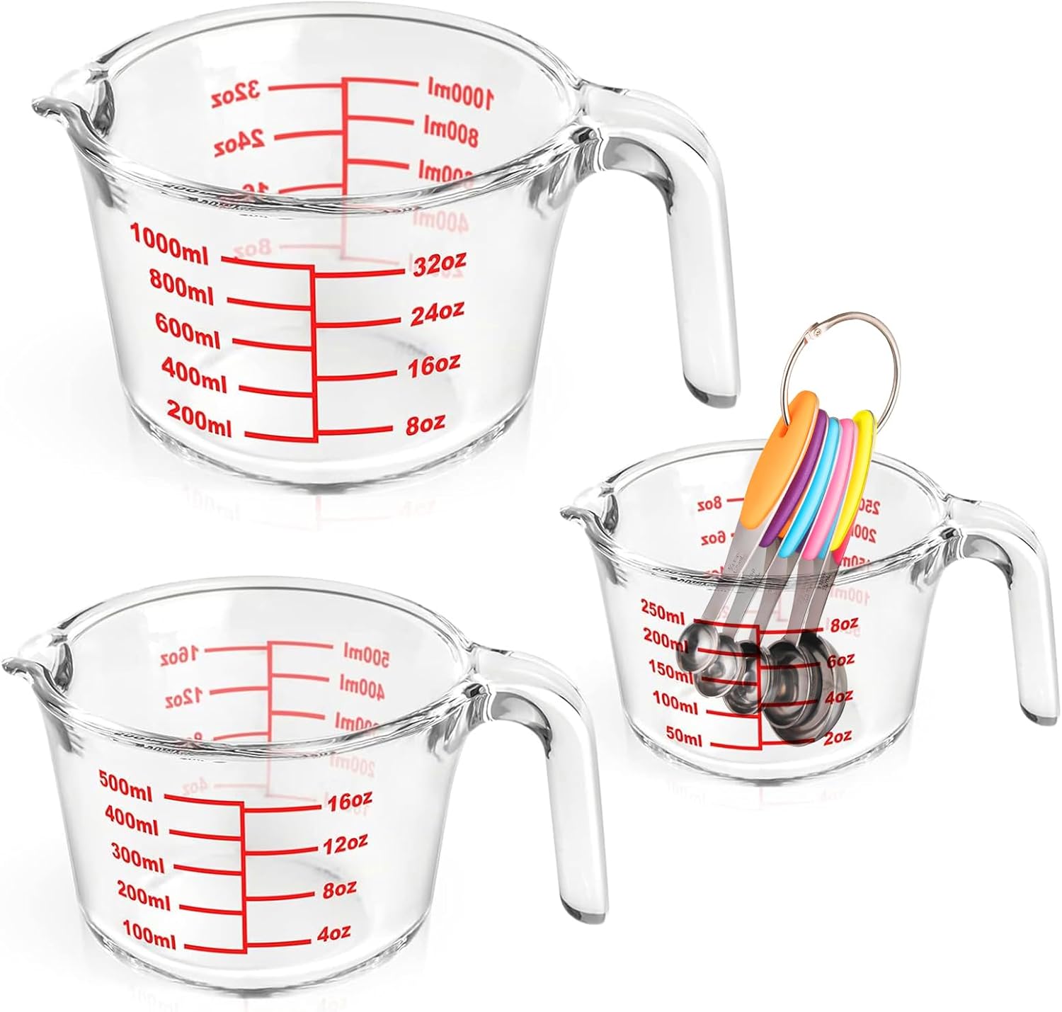 3 Glass Measuring Cups Set 1000,500,250 ml (4-Cups, 2-Cups and 1 Cup) + 5 Measuring Spoons, Safe for Microwave, Freezer, BPA Free Premium Heat Resistant Borosilicate Glass by TIBLEN
