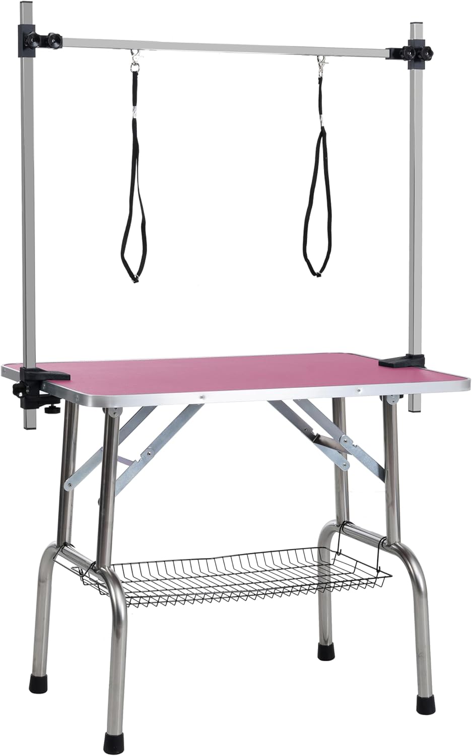 Jolly Roger 36 Inch Folding Pet Grooming Table for Small Dog Cat,Stainless Steel Frame Rubber Mat on Board,Adjustable Height,Anti-Slip Surface with Arms Nooses, Mesh Tray(Pink)