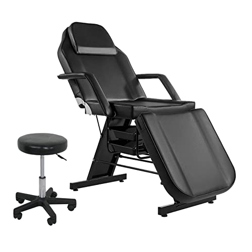 Facial Chair Tattoo Table Massage Bed Adjustable 3-Section Multipurpose with Hydraulic Stool for Esthetician Beauty Spa Tattoo Eyelash Equipment Black