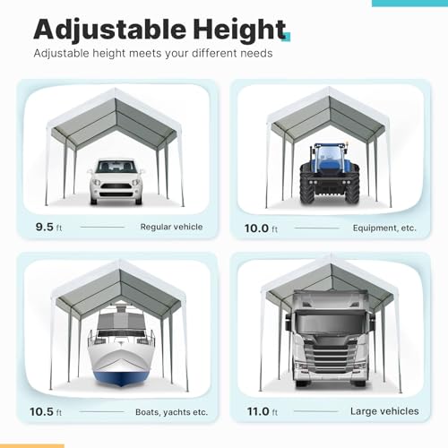 ADVANCE OUTDOOR Adjustable 10x20 ft Heavy Duty Carport Car Canopy Garage Boat Shelter Party Tent, Adjustable Peak Height from 9.5ft to 11ft, Gray