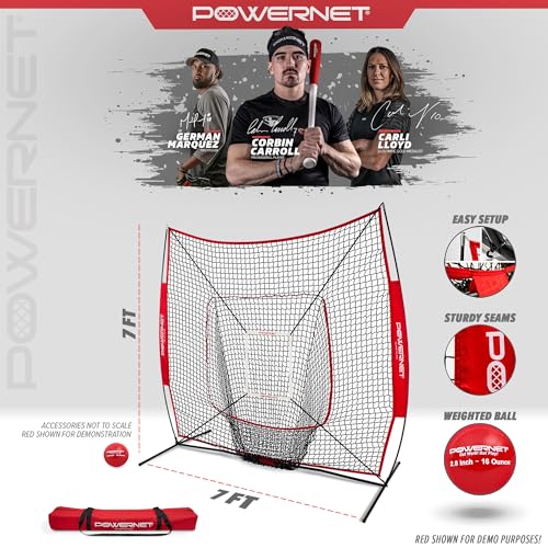 PowerNet Corbin Carroll DLX 7x7 Baseball Softball Hitting Net + Weighted Heavy Ball + Strike Zone Bundle, Training Set, Practice Equipment Batting Soft Toss Pitching, Team Color, Portable Backstop