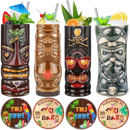 Tiki Mugs Set of 4 — Large Ceramic Tiki Glasses Hawaiian Luau Party Mugs Drinkware Tiki Bar Mugs for Cocktails