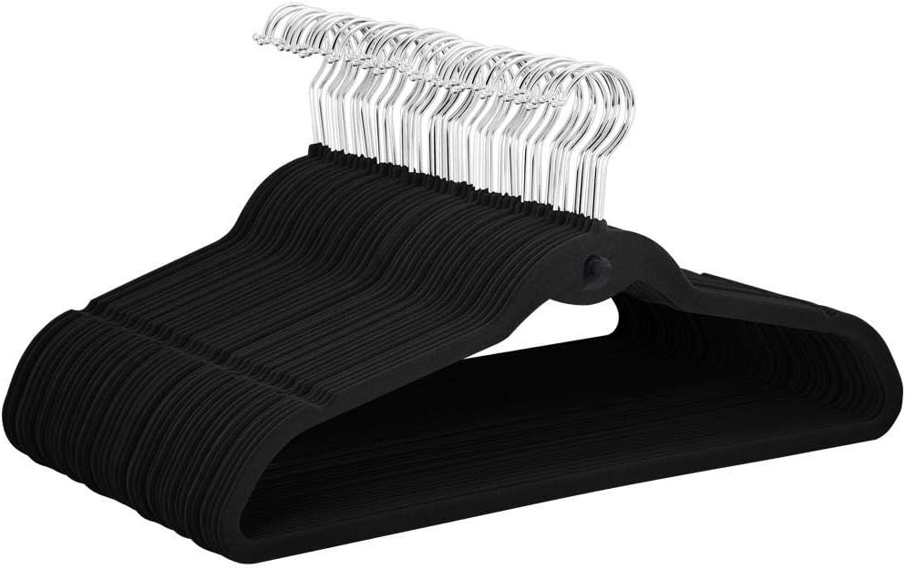 Yaheetech 100 Pack Non Slip Cascading Velvet Hangers - Standard Hangers Felt Suit Clothes Hangers Space Saving 360° Swivel Hook Black