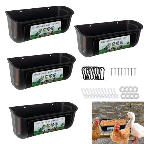 Goat Feeder, Hanging Chicken Feeder, 2 Pack Fence Feed Trough for Deer Sheep Duck Poultry Feeding Container Waterer Bucket with Clips for Livestock